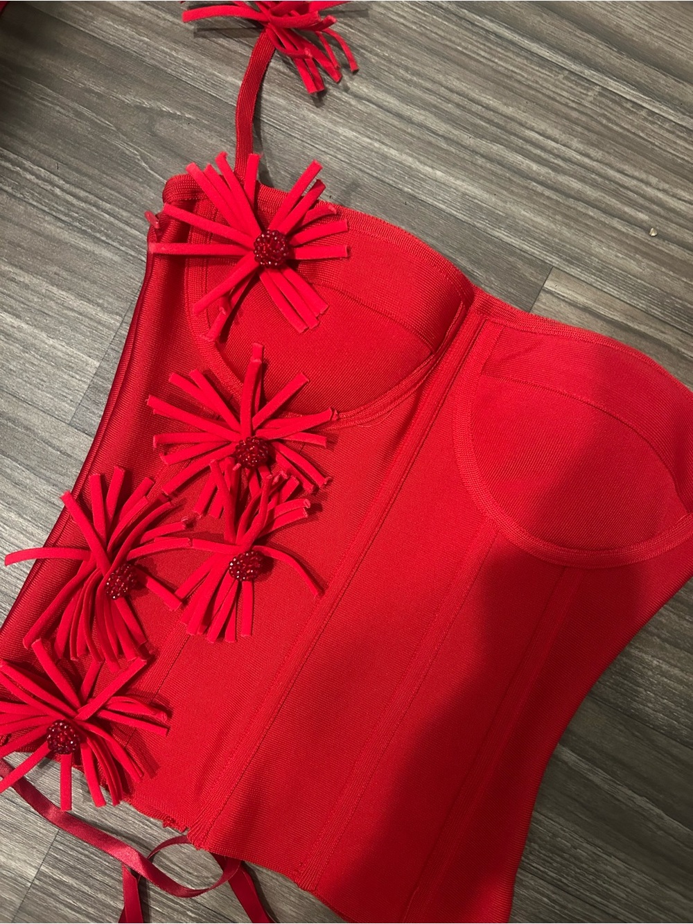 Red Floral Appliqué Bustier Top